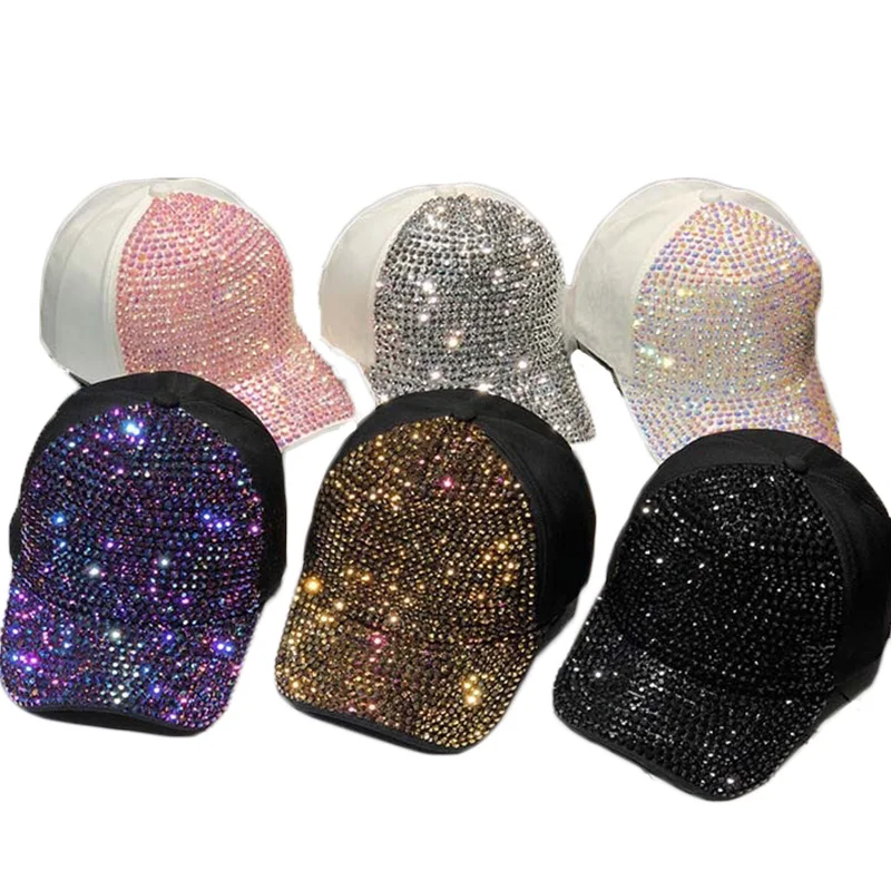 

HN15 Hot sale rhinestone high quality spring summer outdoor travel sunshade colorful diamond inlaid mesh baseball caps hats