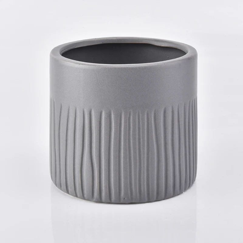 17oz Matte Grey Stripes Ceramic Candle Holder Stoneware Jar Home Decoration