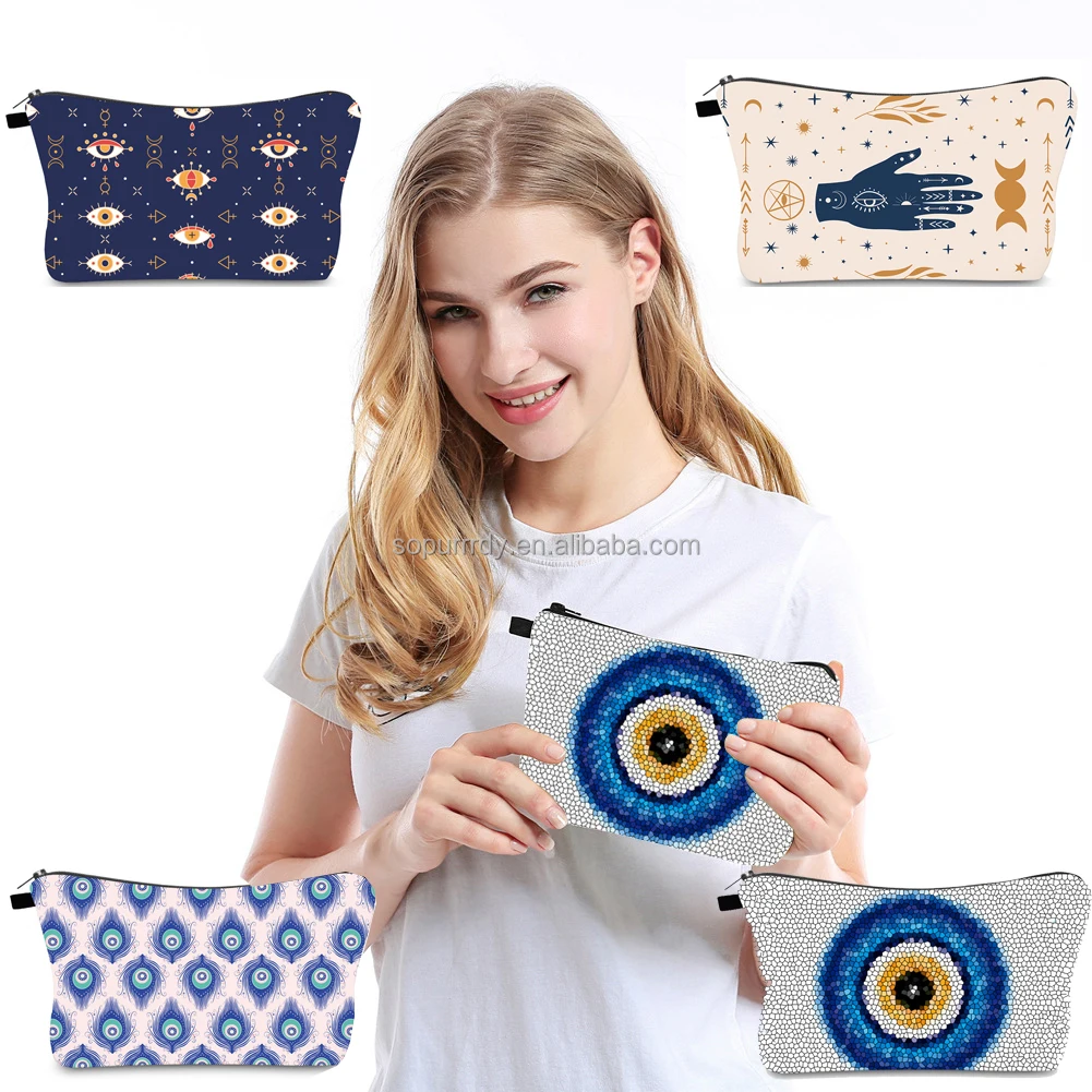 

Custom wholesale evil eye cosmetic bags women travel makeup bag cotton canvas zipper pouch