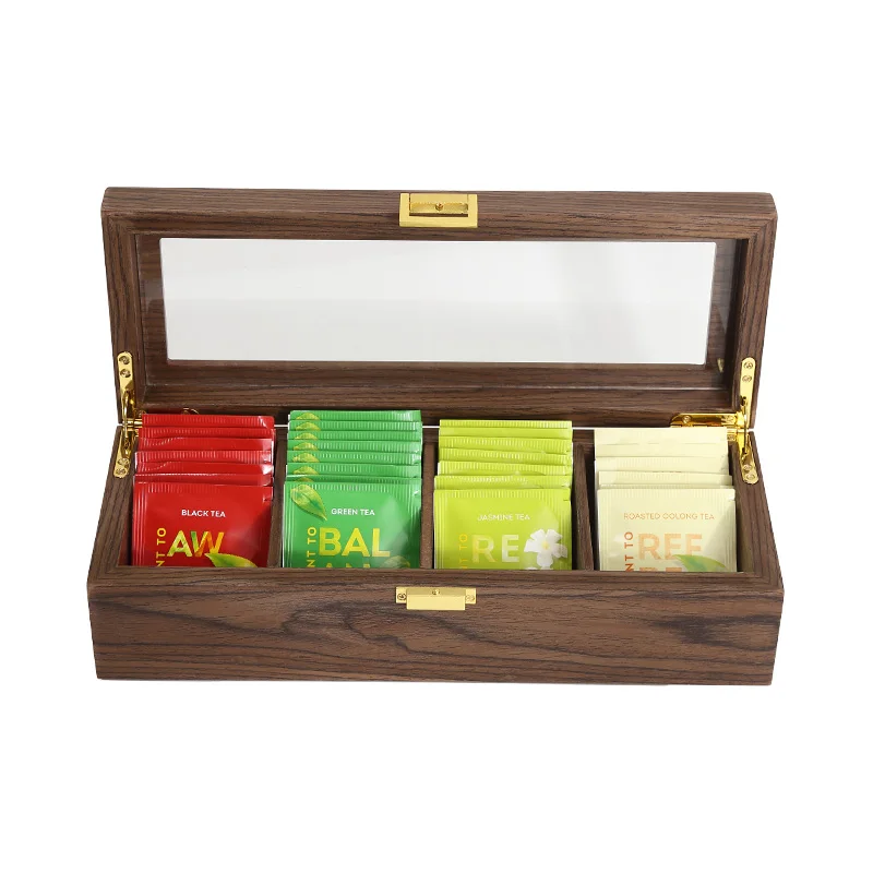 

Wholesale Wood Tea Bag Storage Box Organizer with 4-Compartments Clear Display Lid for Kitchen Cabinets Countertops Women Gift, Wooden