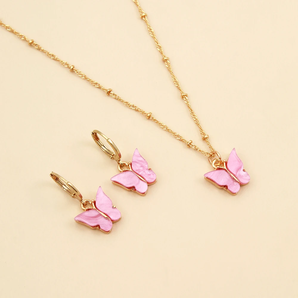 

Fashion Multi Color Butterfly Necklace Set Acrylic Butterfly Necklace Earring Set For Women, As picture show