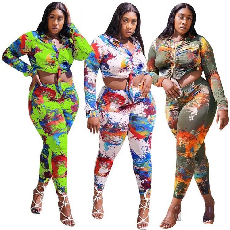 

Lowest Price Autumn Long Sleeve Print Women Crop Top Set Sexy Womans Clothing two piece set