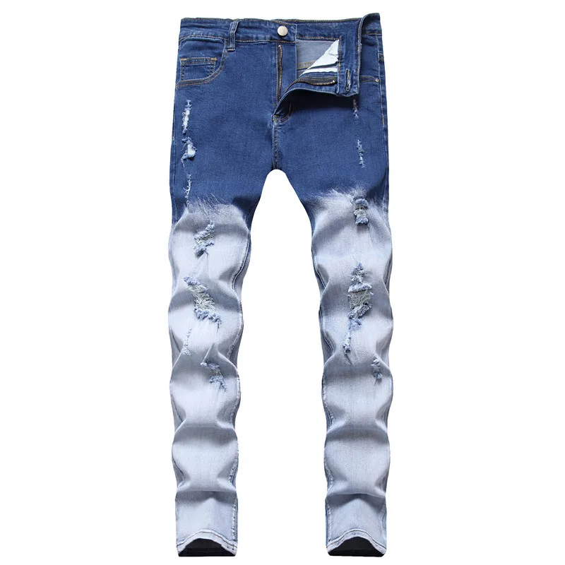 

New arrival blue jean pants casual elastic straight washed zipper fly man trousers plus size ripped skinny stacked jeans men