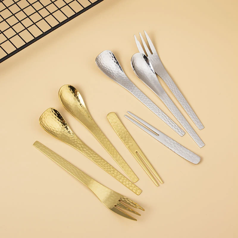 

Exquisite Hammered Cutlery Spoon And Fork Set Stainless Steel Tea Coffee Spoon Mini Dessert Fruit Fork