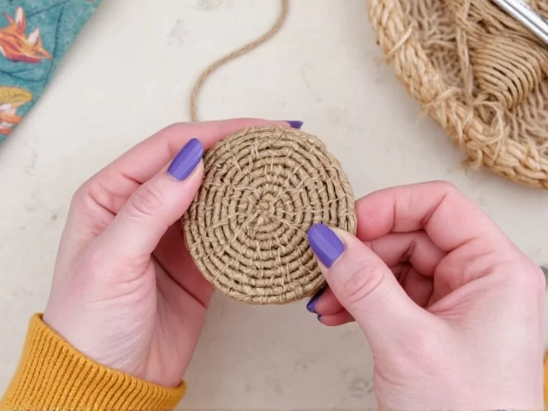 Hand holding completed craft single project showing woven coaster