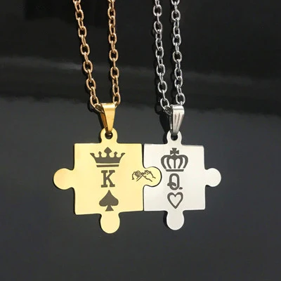 

Simple Stainless Steel King Queen Letter Couple Puzzle Necklace