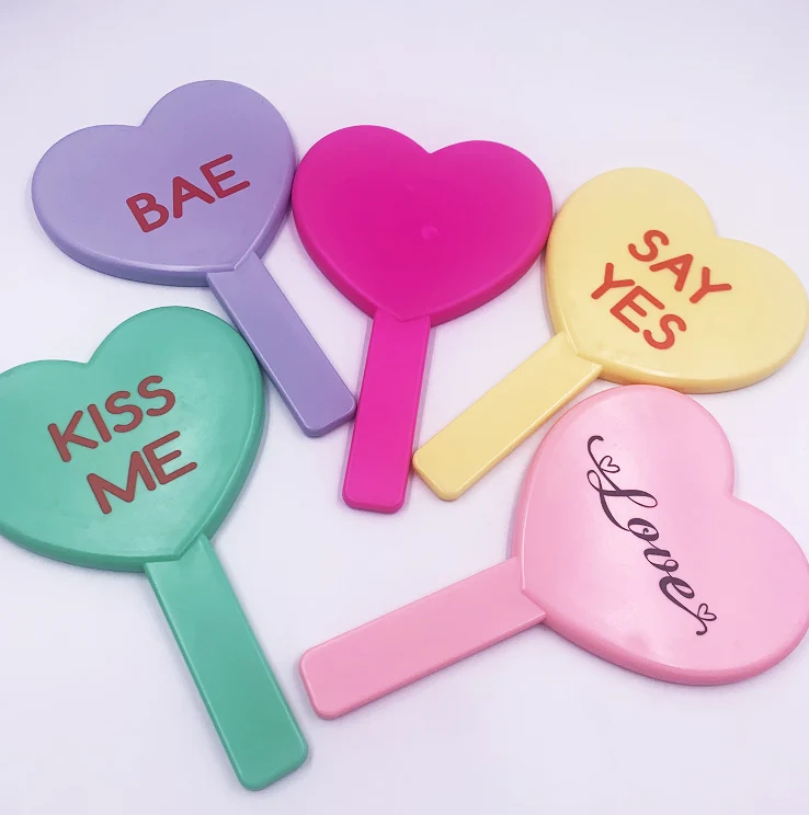 

Hot Selling Custom Logo Heart Shape Mirror Hand Held Plastic Makeup Cosmetic Mirror