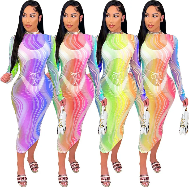 

Yingchchao 2021 Trendy Newest Casual Tie Dye Perspective Chiffon Summer Sexy Plus Size Long Sleeve Bodycon Long Dress