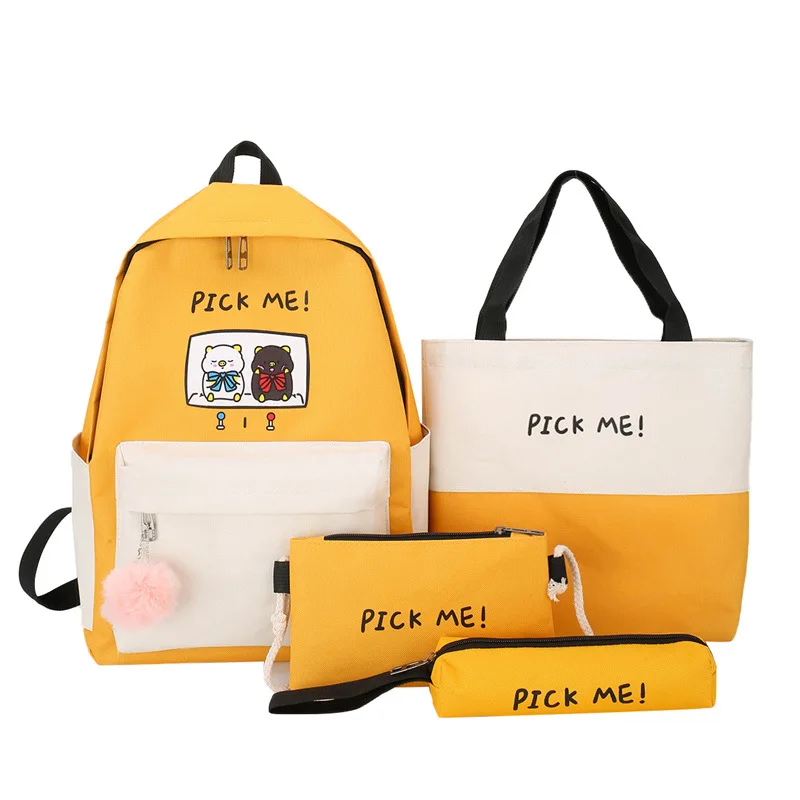 

Korean Style College Canvas Bag Softback Cute Cartoon School Backpack for Girls, Green,yellow,pink,black