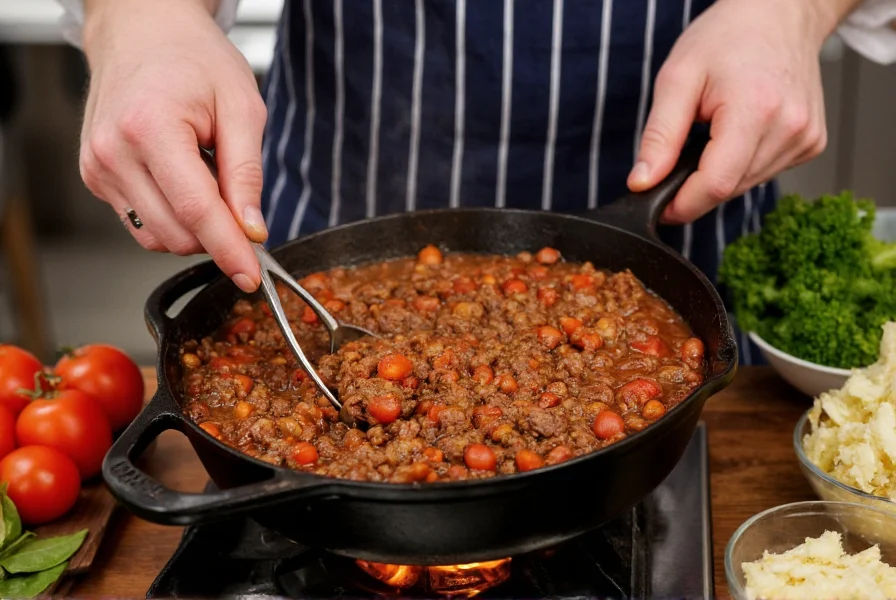 Professional chef preparing ground beef chili in cast iron pot with fresh ingredients