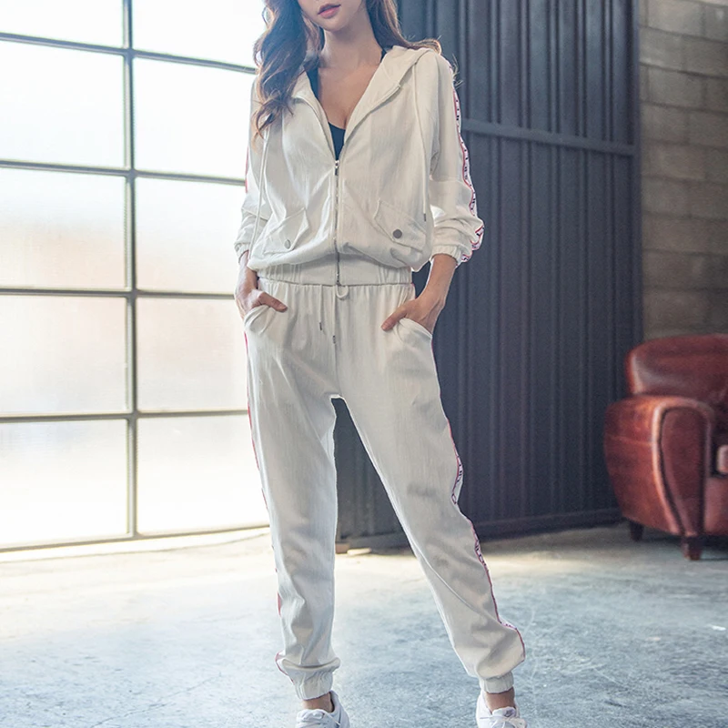 

Casual Ladies Sportswear Custom Logo Breathable Zip Hoodies sport Jacket And Loose Pants Joggers Women 2 Piece Sets, Customized color