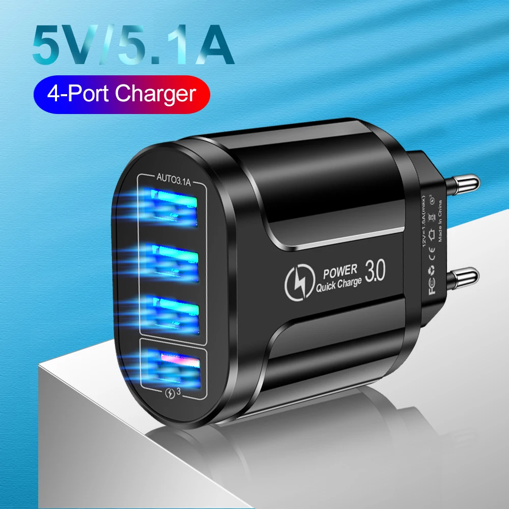 

Free Shipping 1 Sample OK FLOVEME QC3.0 5.1A Fast Charging Wall Charger 4 USB LED Mobile Phone Travel Charger Adapter