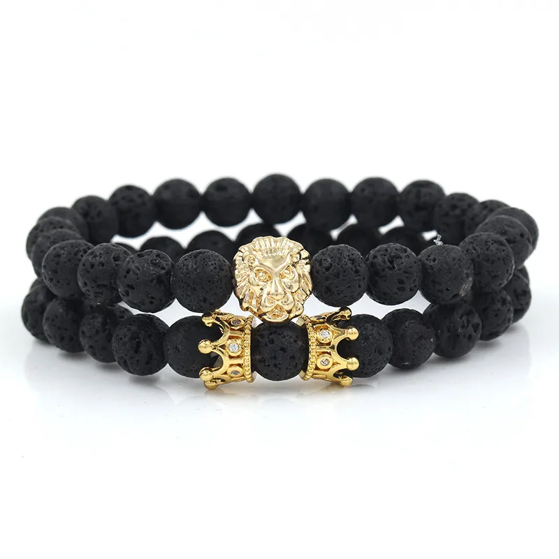

Ruigang 2022 New Arrival Elastic Natural Lava Stone Beads CZ Couple Gold Lion Head Imperial Crown Charm Bracelet