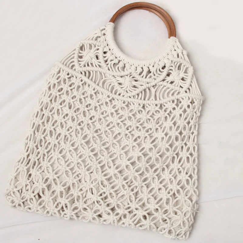 

Wholesale Good to Environment Recyclable Bamboo Handle Cotton Macrame Shopping Tote Bag, 5 choices