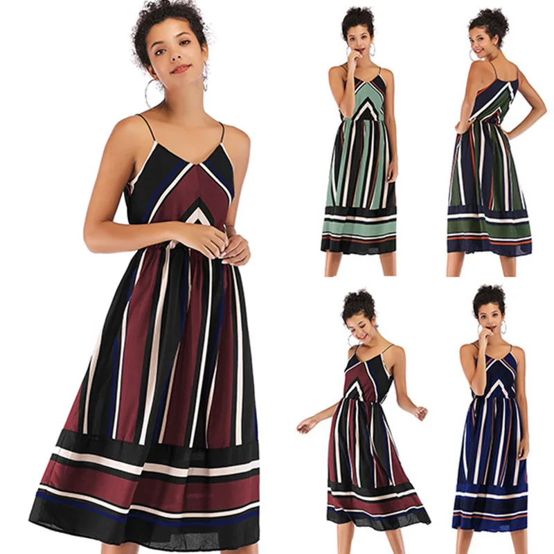 

Springway Best Selling Long Sexy Off-the shoulder Bottom Dresses Striped Backless Elastic Halter Casual Dress Women, Red,blue,green,army green