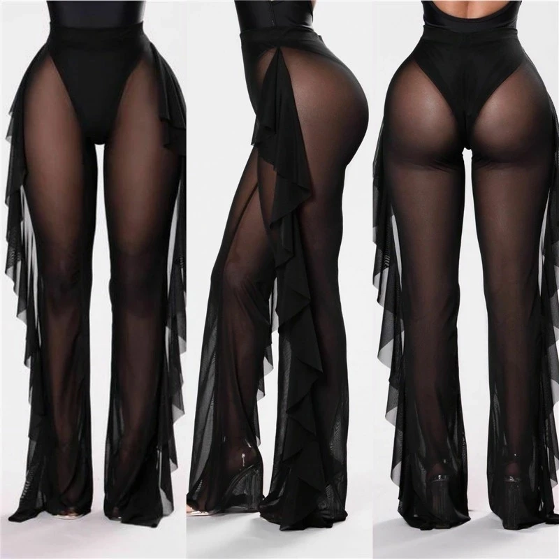 

Wholesale Women Sexy Side Wave Design Solid Color Beach Wear Transparent Mesh Cover Up Pants See Through Trousers Mesh Sexy, Customized color