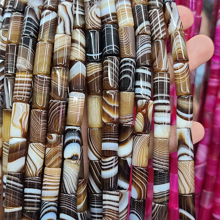 

AB0858 Brown / White Striped Agate Tube Beads,Brown Banded Column Barrel Beads