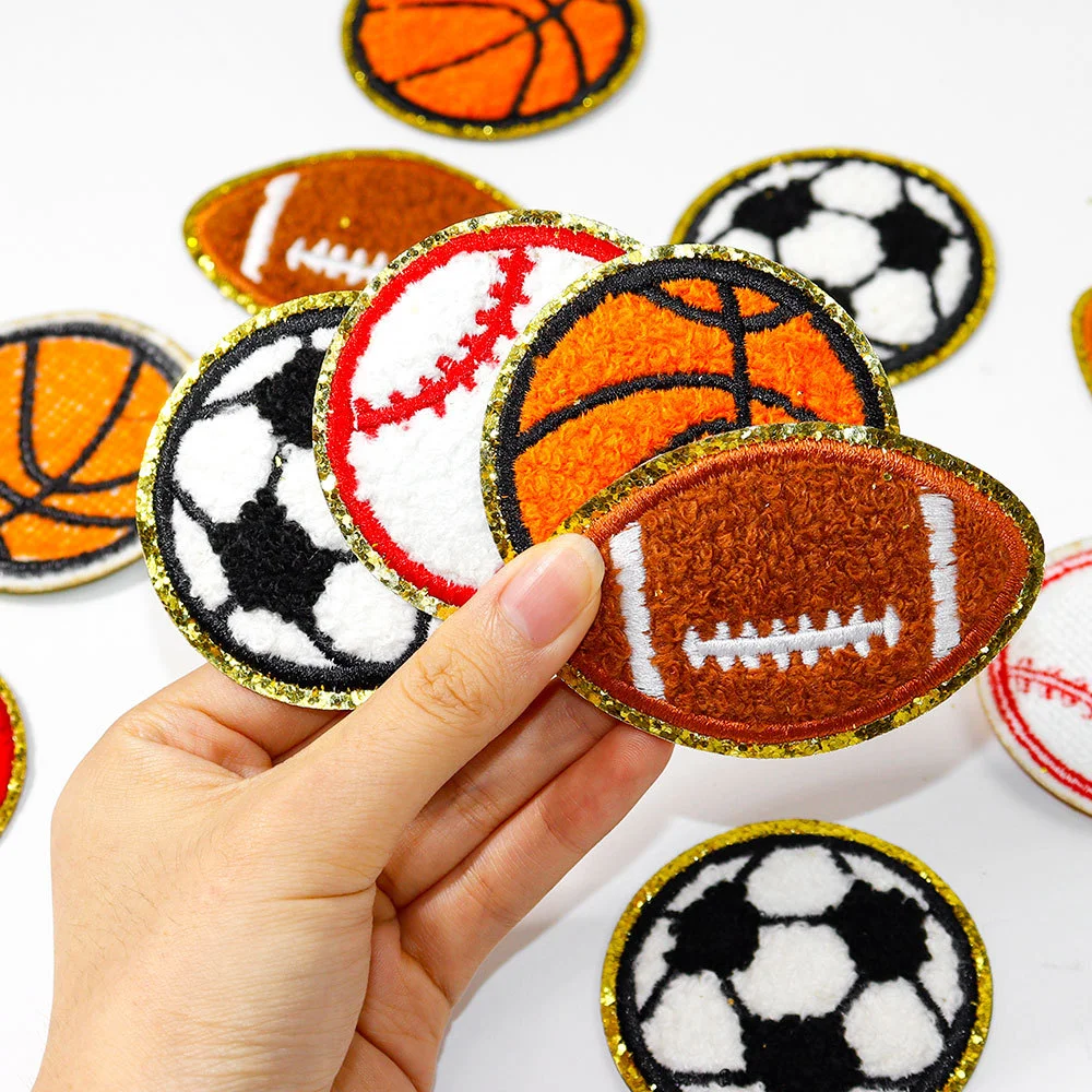 Glitter Basketball Football Rugby Baseball Chenille Patch Iron on Custom Design Embroidered Sports Chenille Patches for Clothing
