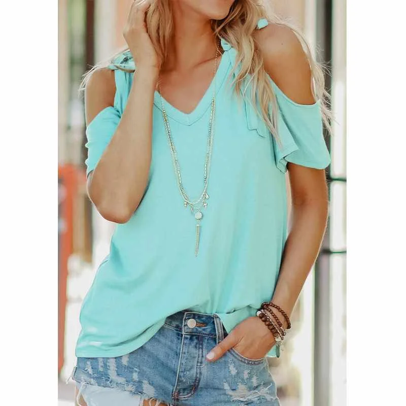 

Women Solid Cold Shoulder V-Neck Blouse, Green