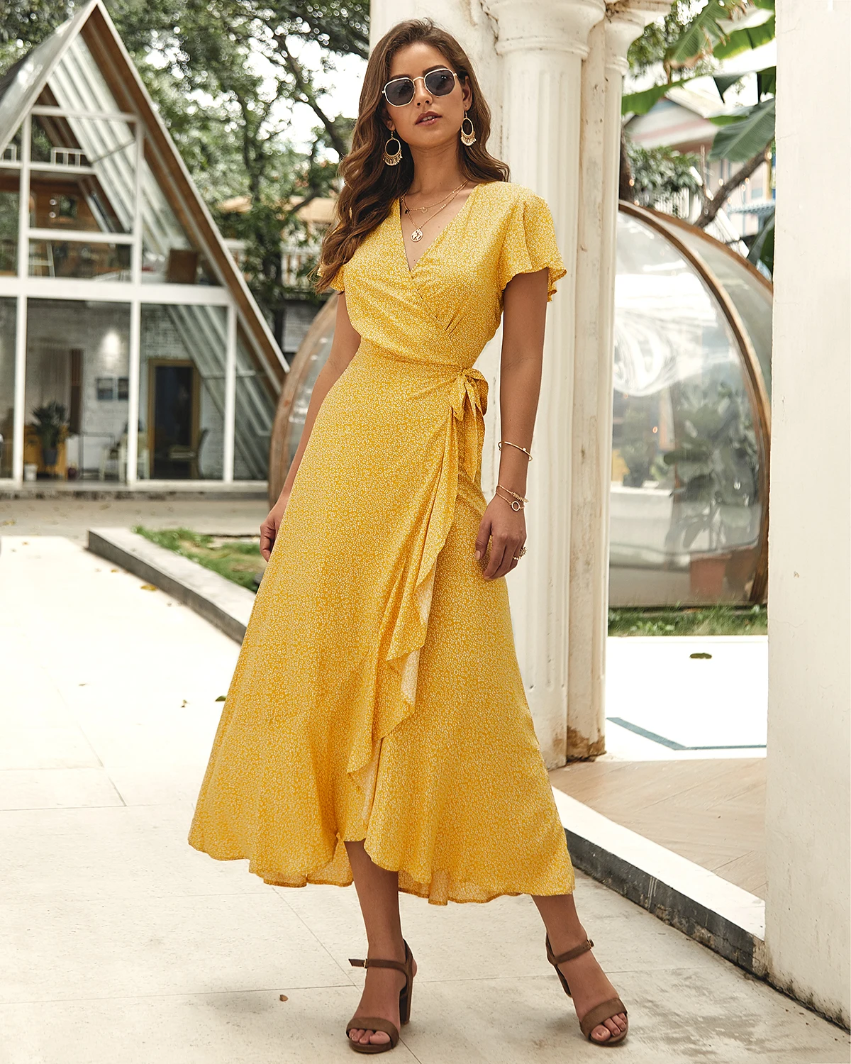 

2021 New Arrivals Summer Casual Dresses Women Lady Elegant Sexy V Slit Ruffles Hem Beach Maxi Dress Clothing Wholesale