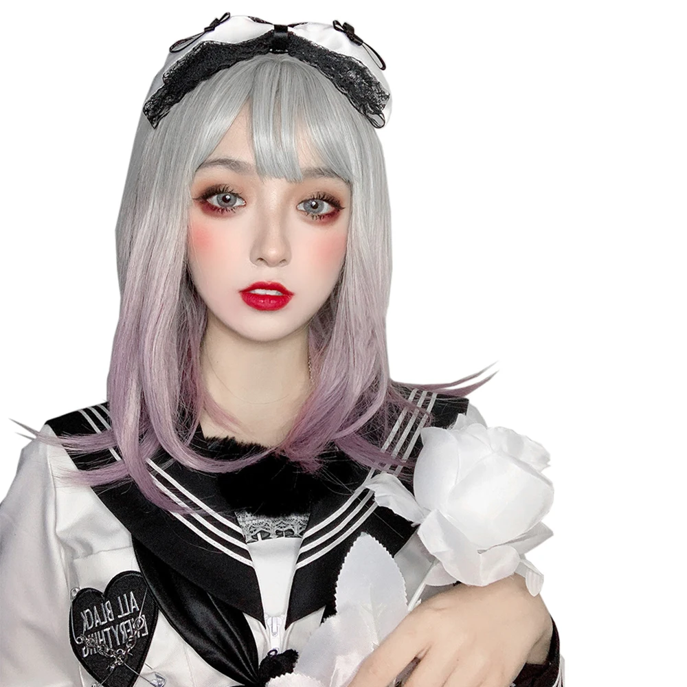 

Short Hair Purple Gray Color Gradient Face-lift Harajuku Princess Sweet High Temperature Silk Cosplay Party Crazy COS Wig, Pic showed