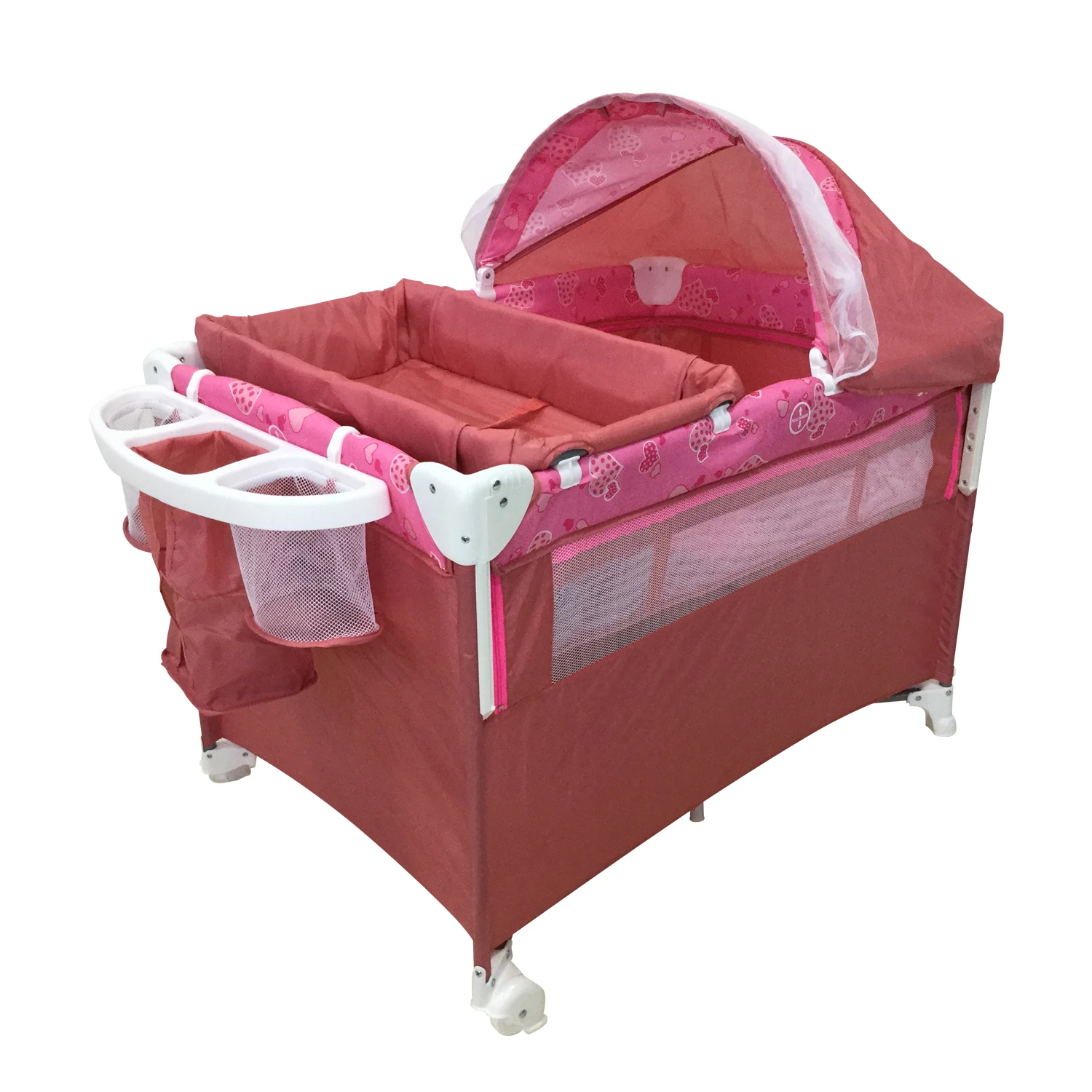 
baby playpen corral trvel cot crib bed with canopy and mosquito net foldable portable wheels diaper changer storage pink mesh 