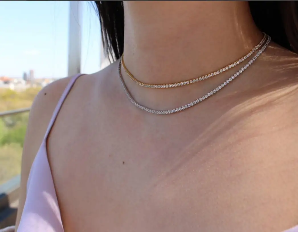 

Luxury Jewelry Stainless Steel Necklace Tarnish Free Diamond Tennis Necklace PVD Gold Cubic Zirconia Tennis Choker Necklace