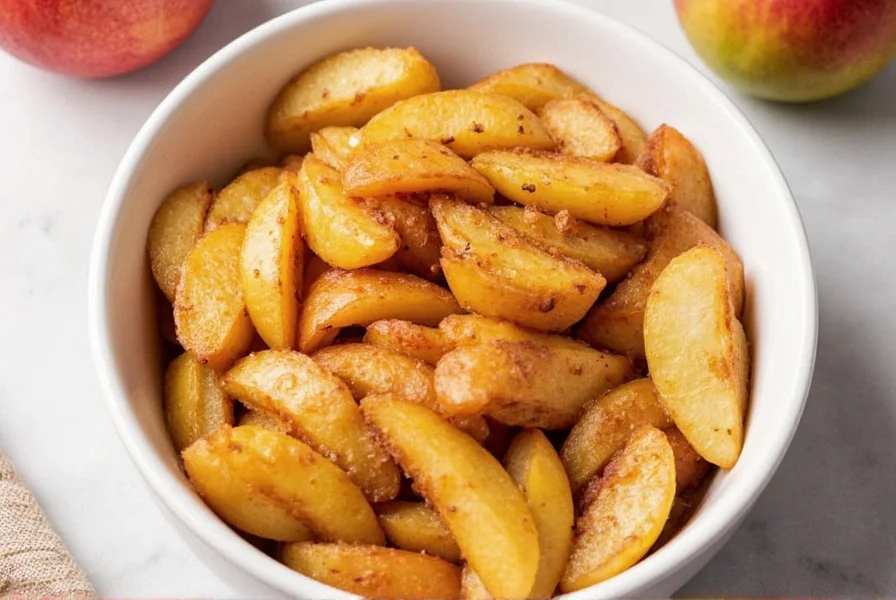 Step-by-step preparation of sliced apples simmering in a skillet with cinnamon sticks and butter