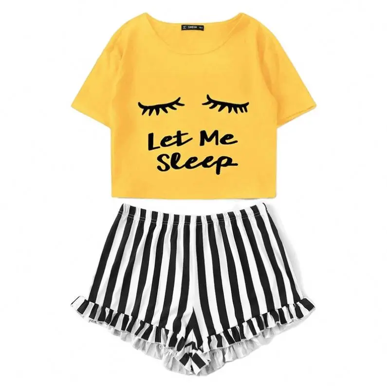 

High Quality Graphic Tee Frilled Striped Shorts Tops Sleeve Set 2020 Women Summer Pajama Patchwork Sleepwear, As shown