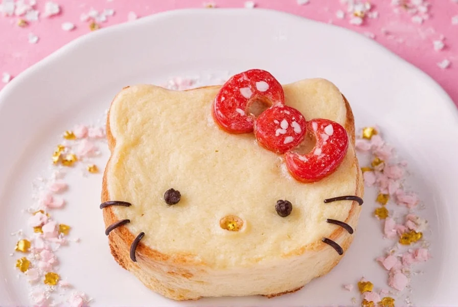 Step-by-step process of shaping cinnamon roll dough into Hello Kitty face with circular base and two ear pieces arranged on baking sheet
