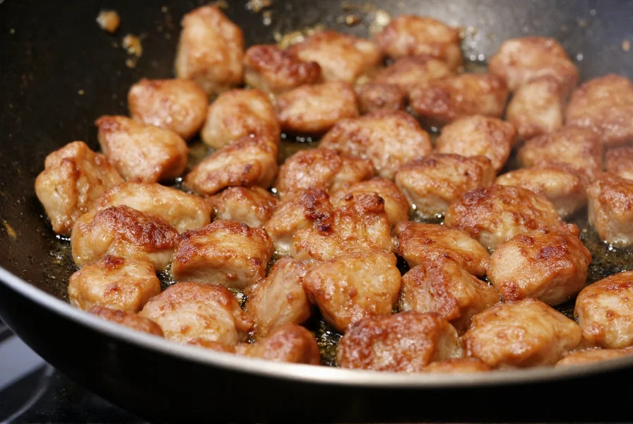 Close-up of salt and pepper pork cooking process showing sizzling pork pieces in wok with visible pepper and salt seasoning