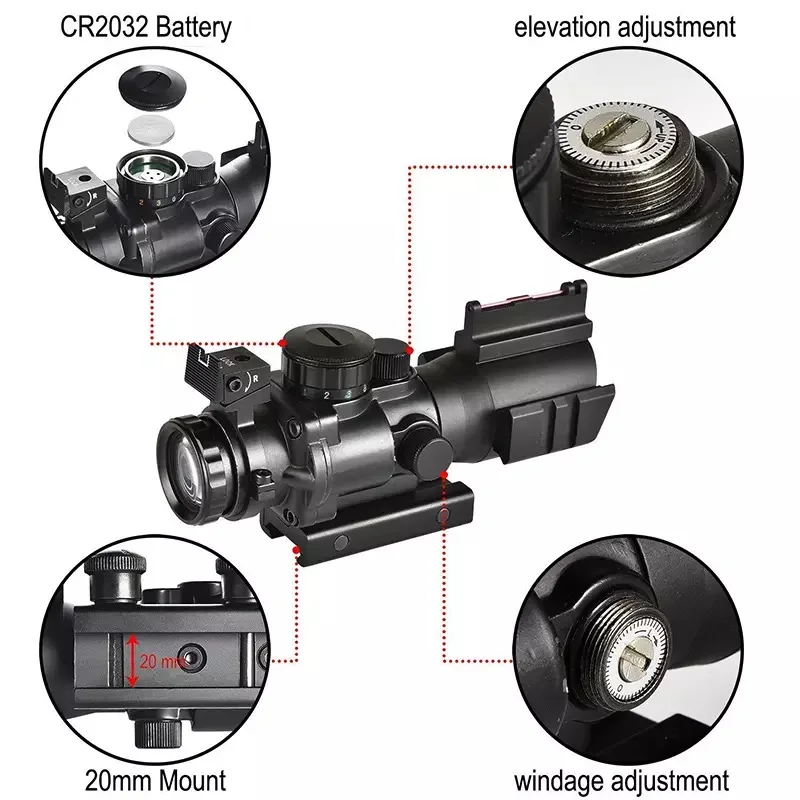 

4x32 fiber optic sights ACOG Optical Fiber Tactical Sight Rifle Hunting Prism Mechanical Sight blue, red, green Adjustable range, Matte black