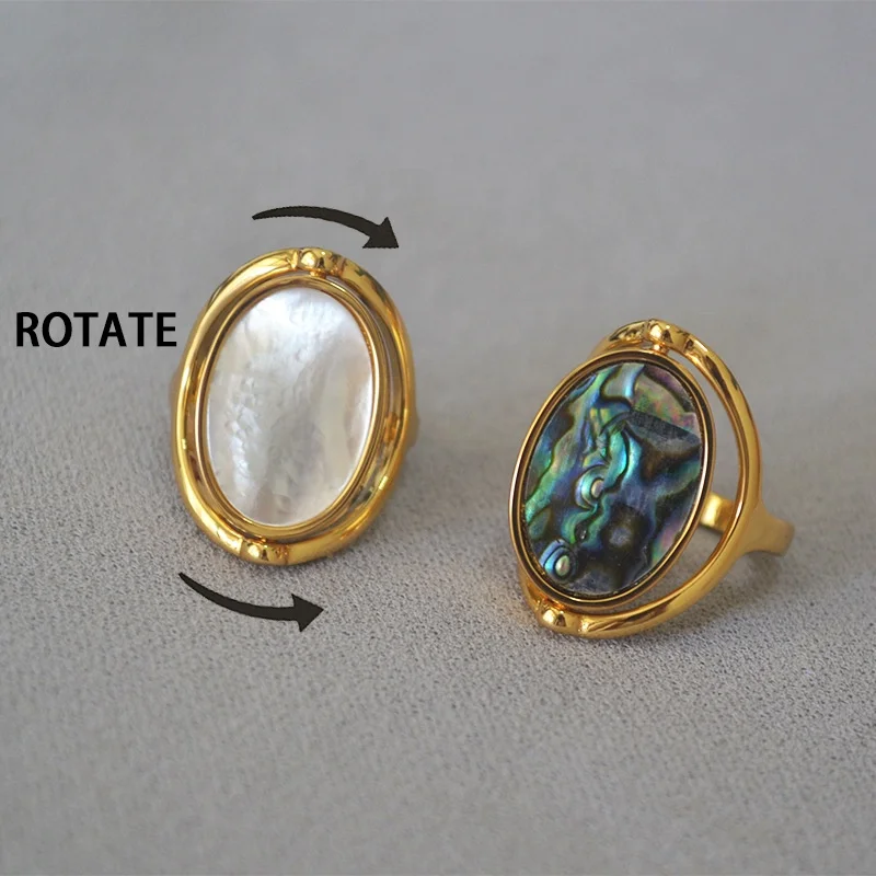 

Daidan Abalone Shell Double Side Turnable Shell Adjustable Silver Oval 18K Gold Plated Vintage Rings