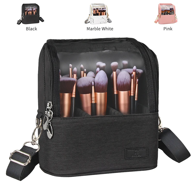 

Relavel Fashion Detachable Shoulder Strap Adjustable Divider Travel Makeup Brush Holder Waterproof Stand-up cosmetic bag, Black