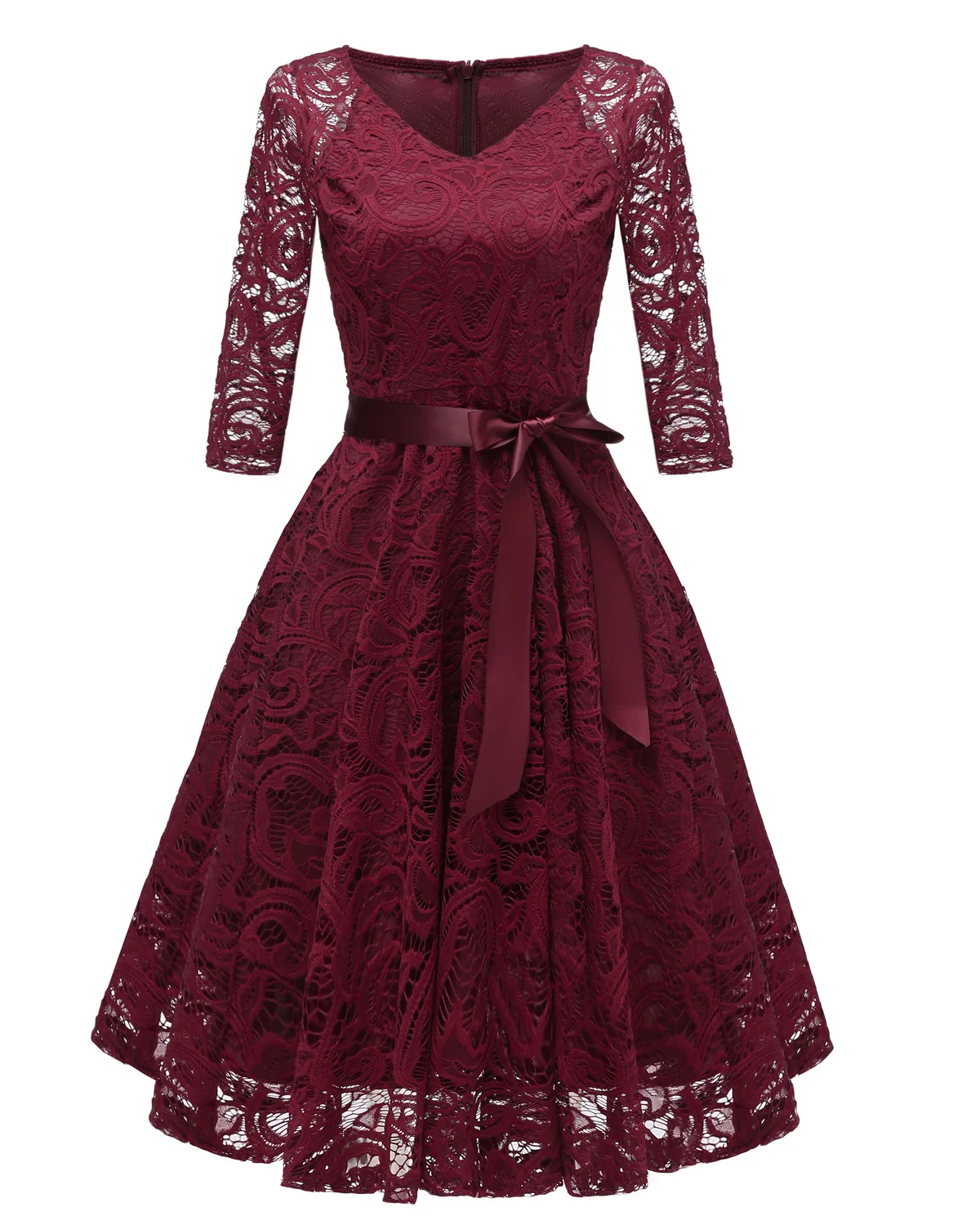 

Women's Retro Dress Elegant Slim Fit Lapel Autumn/winter V Long Sleeved Lace Dress