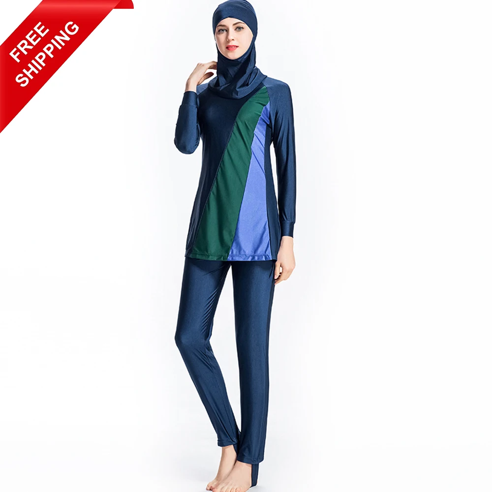 

FREE SHIPPING Modest Color Stitching Full Cover Body Custom Long Sleeves Muslim Swimwear Women Islamic Swimming Suit Swimsuit, Navy