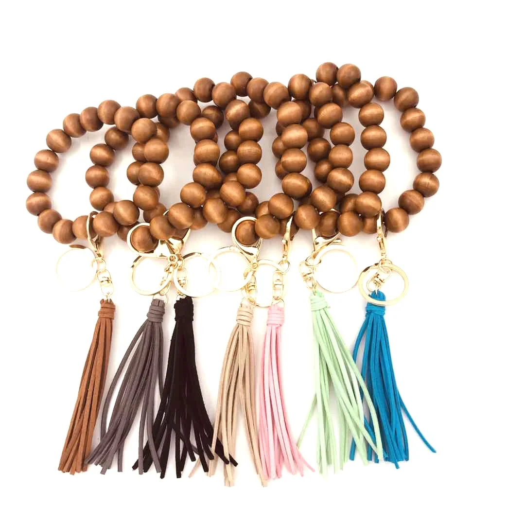 

Handmade Wooden Beads Stretch Long Suede Tassel Key ring 2020 Elastic String Wood Beaded Bracelet Key chains