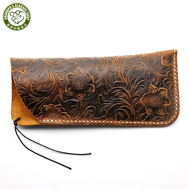 

Wholesale Hot Sale Luxury Portable Soft Handmade Embossing Real Cowhide Genuine Leather Eye Glasses Sleeve Pouch Sunglasses Case