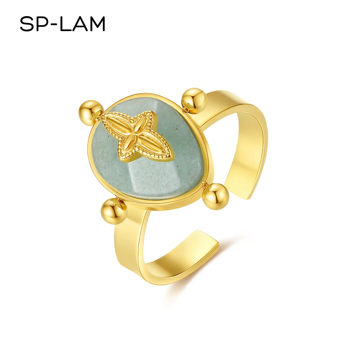 

SP-LAM Green Natural Stone Promise Engagement Woman Adjustable Stainless Steel Jewelry European Crystal Ring