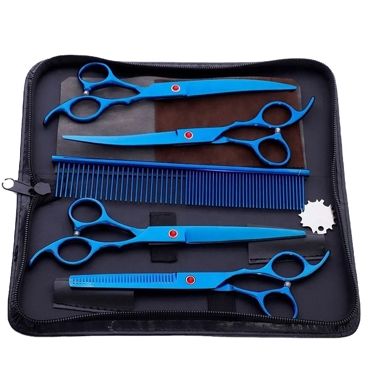 

Blue Soundless Titanium Professional Grooming Pet Scissors Set Stainless Steel Kit, Silver blue purple gold black multicolor