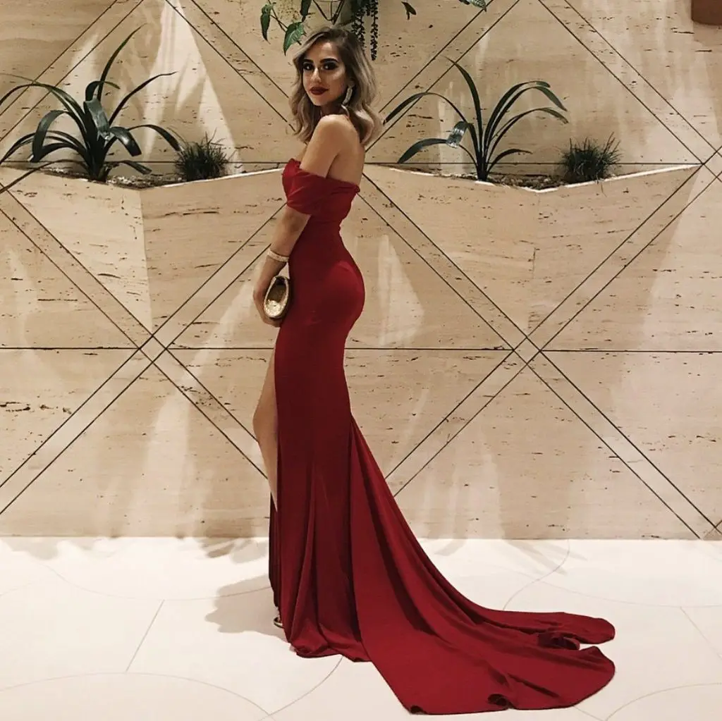 

Bridesmaid Dresses Solid Color Women Prom Dresses Deep V-Neck One Site Slit Openning Women Party Dresses, Red and green