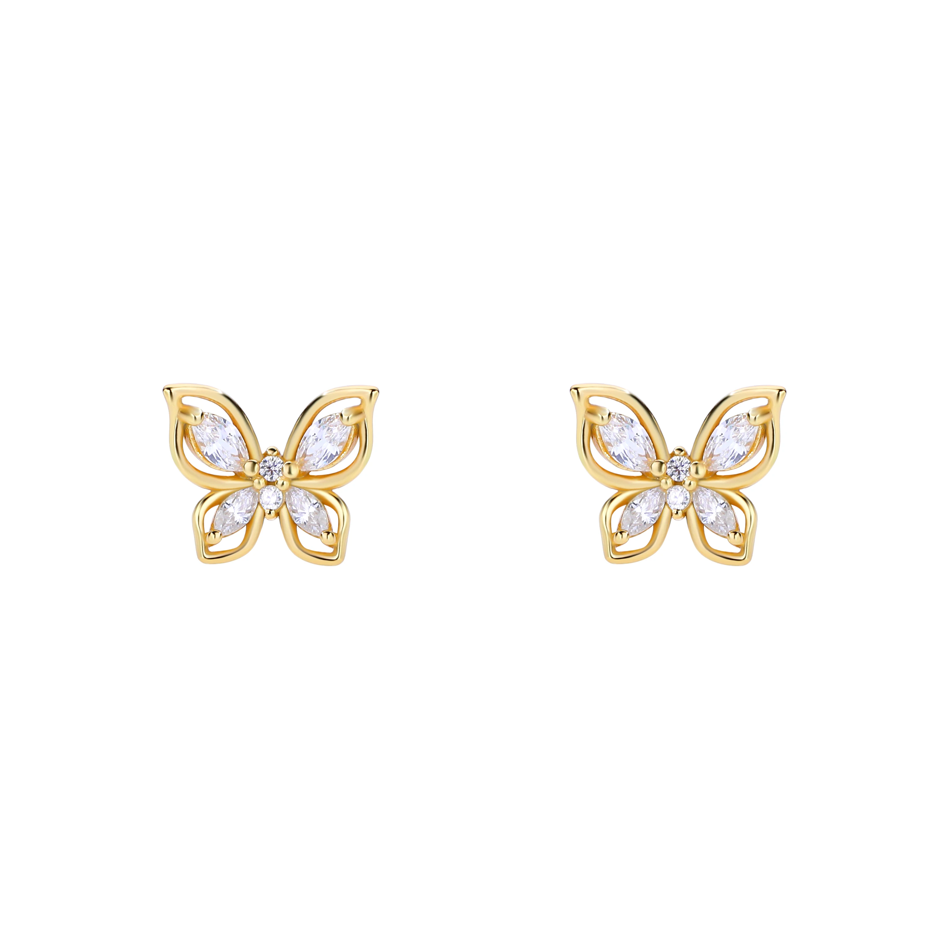 Cute Animal jewelry 925 sterling silver gold plated butterfly stud earrings for women