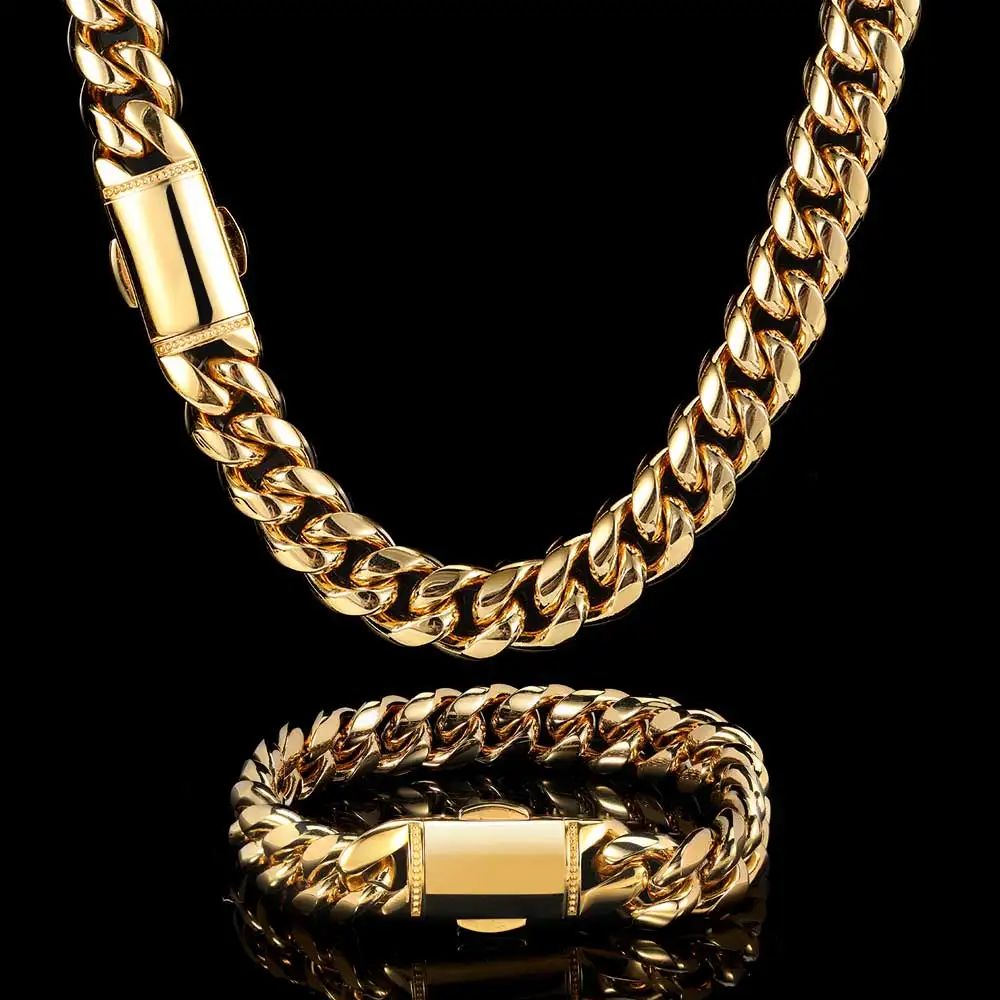 Hip Hop Jewelry 12mm Hight Polished Stainless Steel Chain 18K Gold Plated Customized Logo Men's Cuban Link Chain Necklace