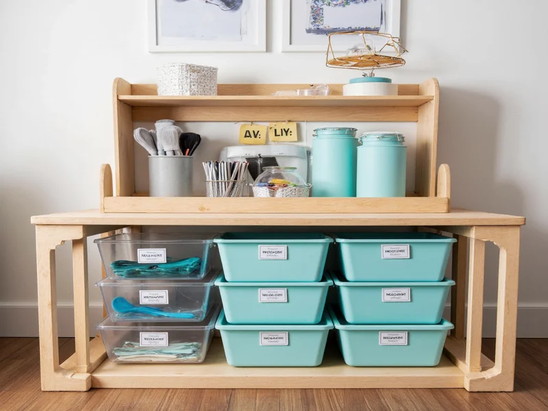 Craft storage table organization system with labeled bins and containers