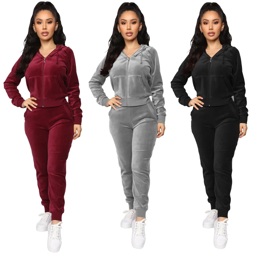 

2020 Fall Velvet Hooded Solid Color Zipper Sweater Trousers Womens 2 Piece Outfit Two Piece Sets, Multicolors