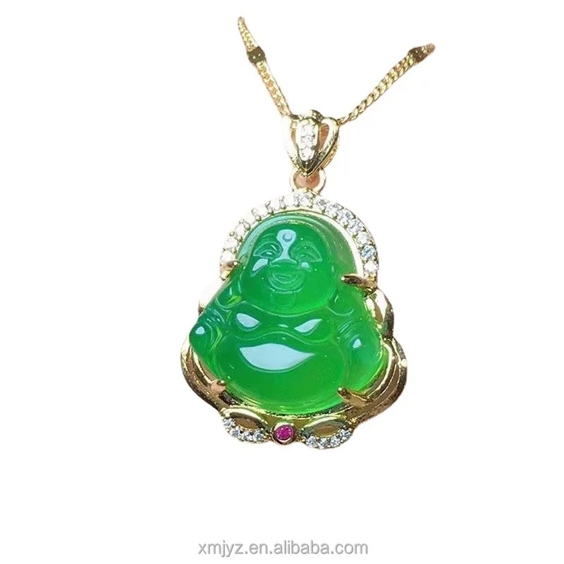 

Vietnam Placer Gold Inlaid Chalcedony Buddha Jade Pendant Grinding Technology Smiling Buddha Gold Inlaid With Jade Pendant Live