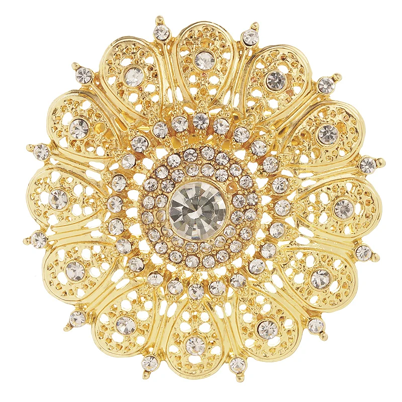 

Flower shaped metal brooch pin gold ladies accessories rhinestone brooch golden classic crystal brooch