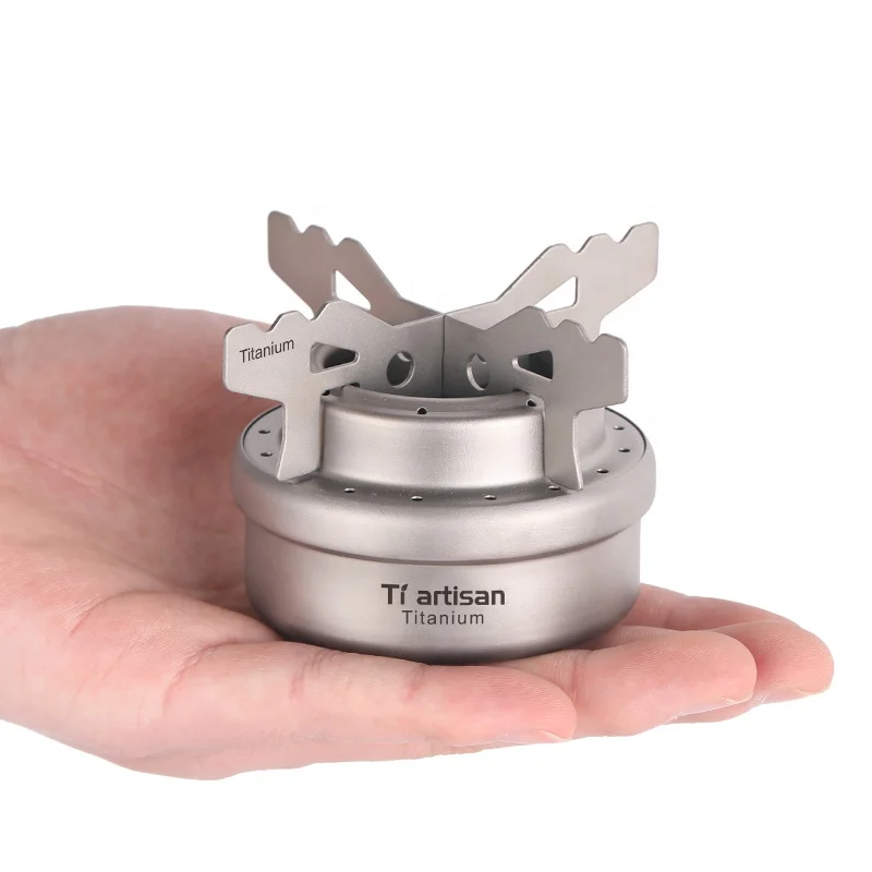 

Tiartisan Outdoor Camping Hiking Mini Liquid Alcohol Stove Ultralight Portable Titanium Stove with Rack, Silver, customized