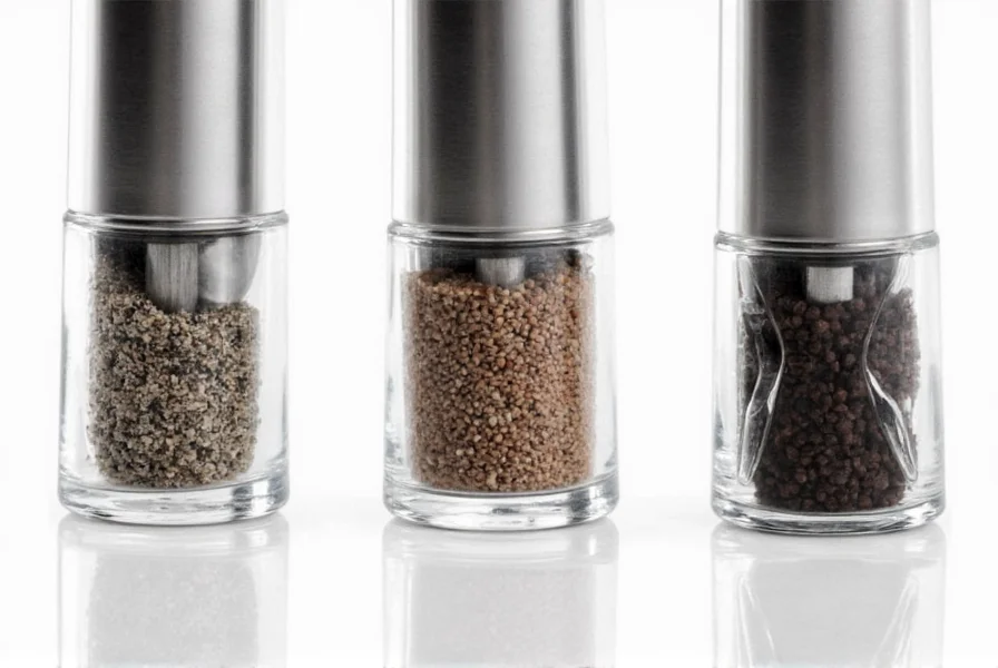 Close-up comparison of different pepper grinder mechanisms showing carbon steel, ceramic, and electric models