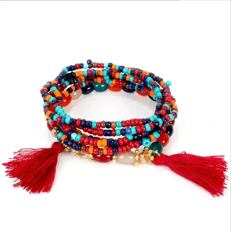 

2021 Vintage Fashion Multilayer Beads Stone Summer Tassel Bracelet Jewelry For Women